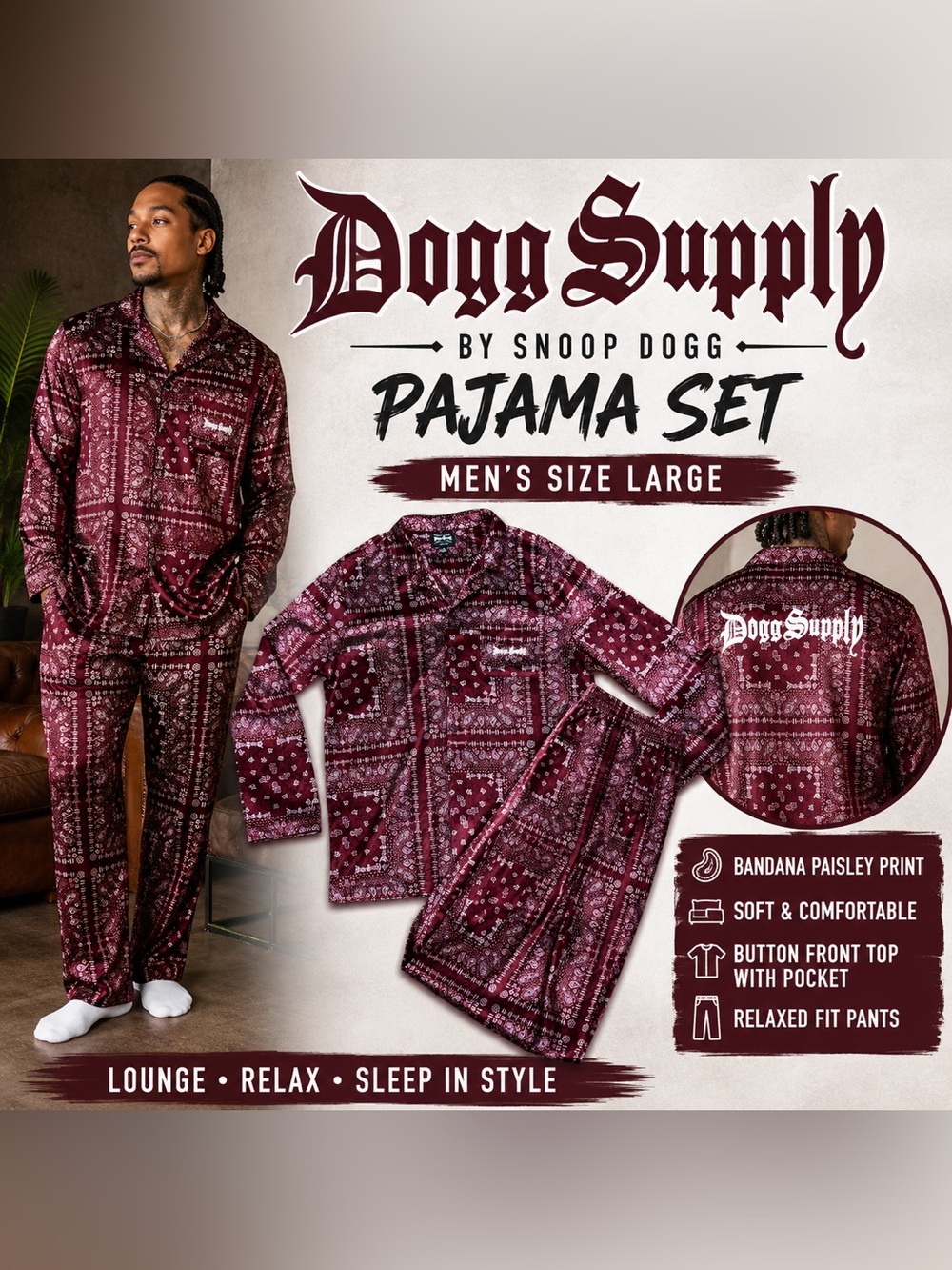 Dogg Supply by Snoop Dogg Men’s Burgundy Paisley Pajama Set Size Large